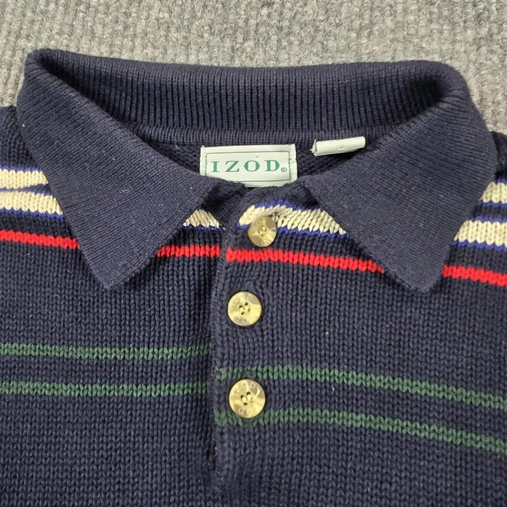 IZOD Sweater Mens Large Blue Multi Stripe Knit Polo Rugby Collar‎ Cotton Preppy